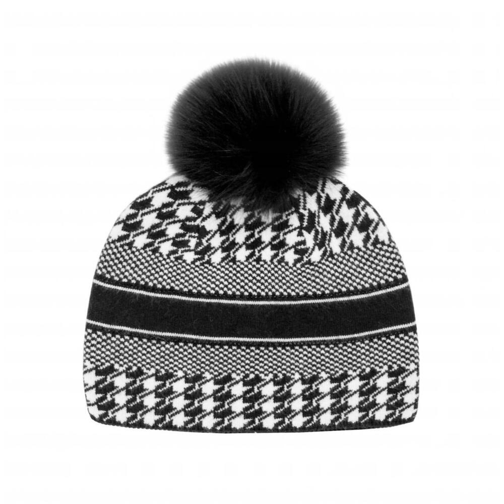 NEW MITCHIE'S MATCHINGS women's houndstooth fox pom hat in black